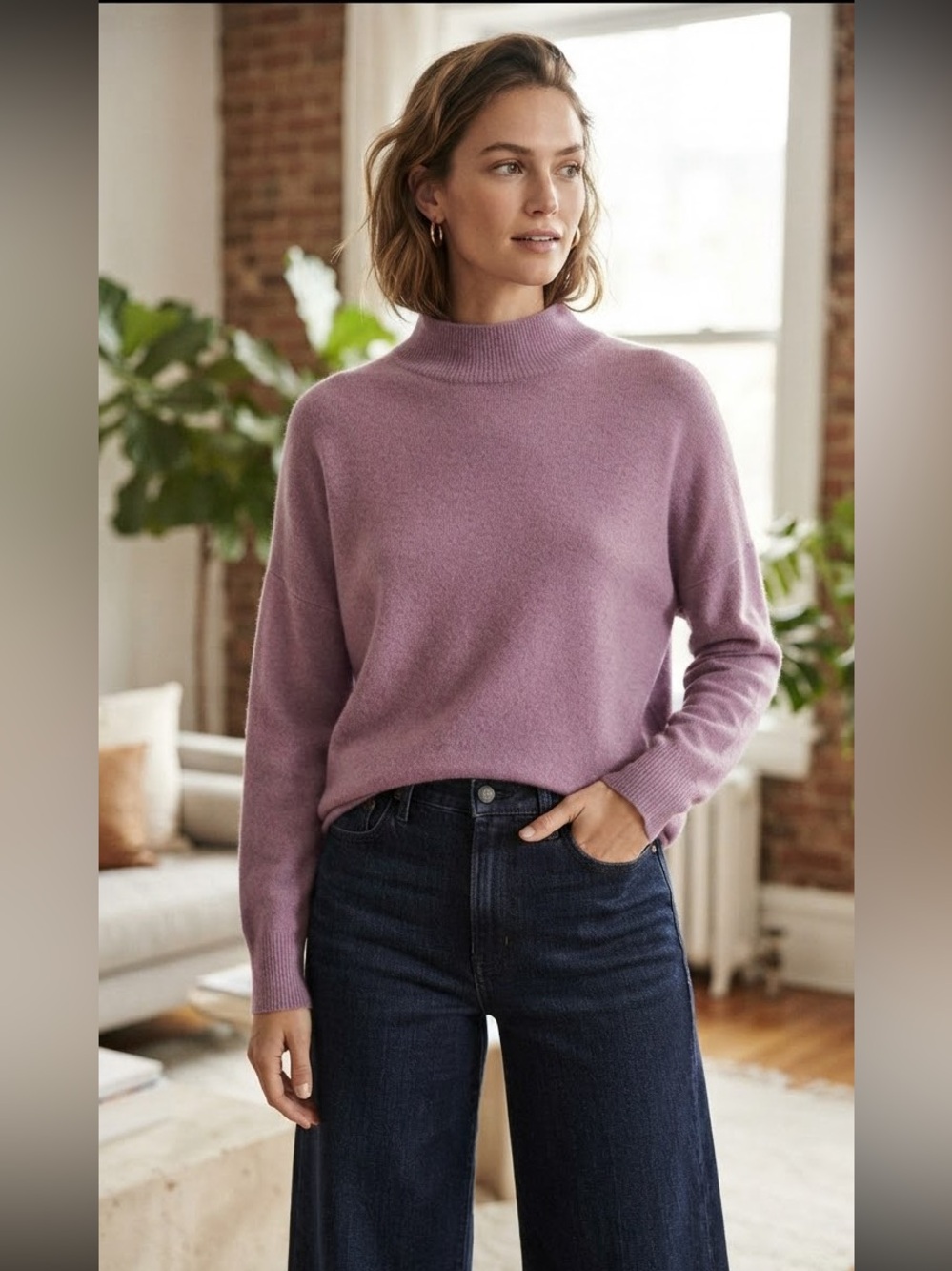 Madewell Crew Mock Neck Sweater Lilac Merino Wool Blend Size L